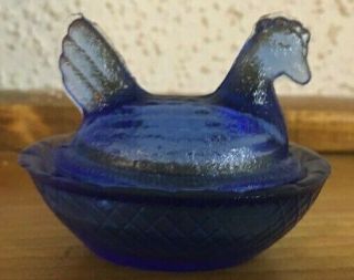 Vintage Cobalt Blue Glass Mini Covered Salt Dish Hen On Nest 2.  5 " Long