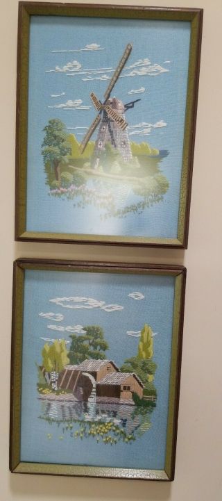 Gorgeous Vintage Framed Finished Crewel Embroidery Set Of 2 Long Island Windmill