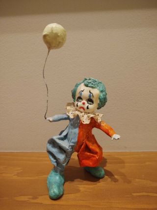 Vintage Lacquered Paper Mache Clown Holding Balloon Made In Mexico