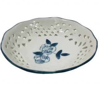 Vintage Porcelain Trinket Ring Dish Jewelry Floral Blue White Lace Edge Trim 4 