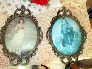 Vintage Convex Oval Blue Boy & Pinkie Prints Ornate Metal Frames Made In Italy