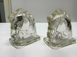 Vintage Federal Glass Clear Glass Horse Head Book Ends