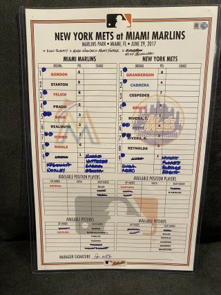 June 29,  2017 Ny Mets Vs Miami Marlins Line - Up Card Don Mattingly Signed Mlb