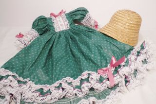 Vintage Robin Woods Outfit Green Print Dress Trimmed Lace & Ribbon And Straw Hat