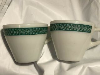 2 Vtg Pyrex Tableware By Corning Teal/green Laurel Leaf Coffee Cups 721