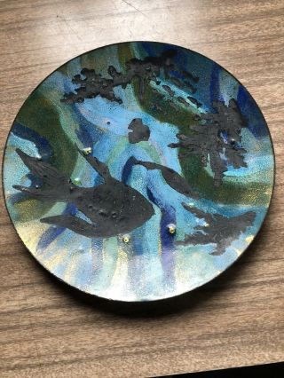 Vtg Mid Century Abstract Jade Snow Wong Enamel Copper Plate San Francisco