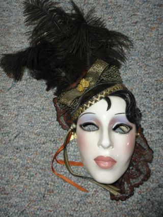 Vintage Clay Art Ceramic Wall Hanging Mask W/ Black Feathers