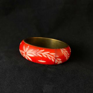 Vintage Bangle Bracelet Carved Bovine Brass Red White Floral Leaves Wide Boho
