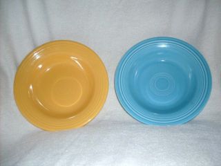 2 Vintage Homer Laughlin Fiesta Yellow & Turquoise 8 3/4 Inch Deep Plates