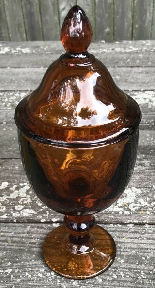 Vintage Glass Amber Pedestal Apothecary Jar Lid Heavy Thick Rim Canister
