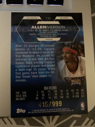 2003 Topps Finest Allen Iverson Philadelphia 76ers Game - Worn Jersey 130 - NRMT, 2