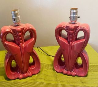 Pair Vintage 1950/60’s Retro Mid Century Modern Ceramic Table Lamps Butterfly