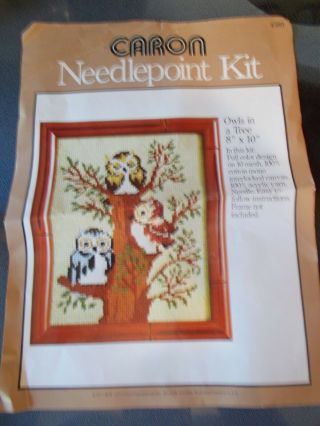Vintage 1977 Caron Needlepoint Craft Kit Owls In A Tree 8 " X 10 " Stitchery