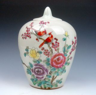 Vintage Glazed Porcelain Famille - Rose Birds & Flowers Hand Painted Ginger Jar