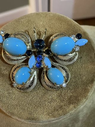 Vintage Juliana D&e Faux Turquoise Cabochon/blue Rhinestone Filigree Butterfly