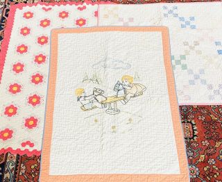 Vintage Baby Doll Quilt Blanket Hand Embroidered Boy Girl,  Squares,  Hexagon