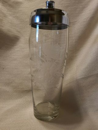 Vintage Bar Glass Martini Cocktail Shaker Mixer Etched Flowers/butterfly Signed