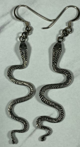 Vintage Sterling Silver Navajo Snake 2.  75  Long Earrings