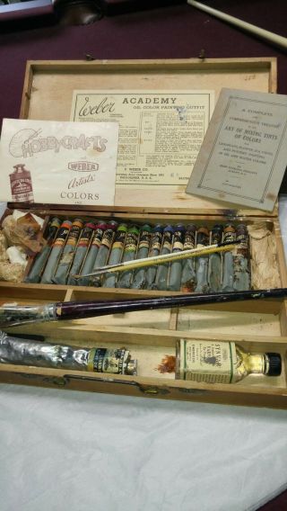 Vintage Weber Academy Wood Paint Box W/paints,  Brushes,  Pamphlets - Great Item