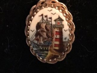 Vintage 12k Gold Filled Porcelain Lighthouse Clipper Ship Pendant Necklace