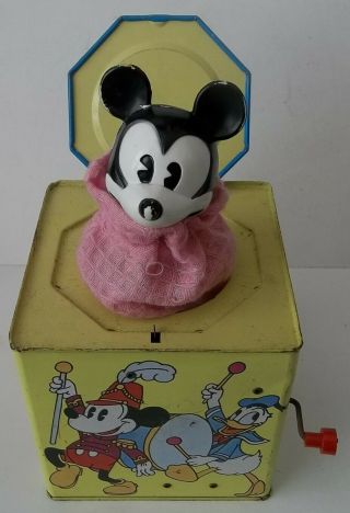 Vintage Walt Disney Mickey Mouse & Friends Tin Metal Jack - In - The - Box Wind - Up Toy