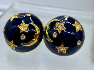 Vintage Gold Tone Navy Blue Enamel Star Crescent Moon Crystal Clip Earrings