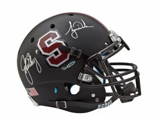 John Elway Tiger Woods Dual Signed Autographed Stanford Helmet Black /25 Uda