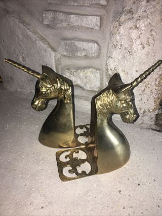 Set Of 2 Vintage Brass Unicorn Bookends 6.  5” High.