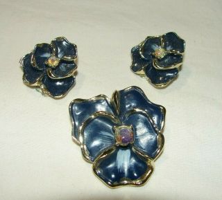 Vintage Ab Rhinestone Brooch Pin And Earring Set Blue Violets Flower