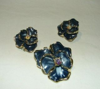 Vintage AB Rhinestone Brooch Pin and Earring Set Blue Violets Flower 2
