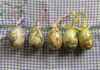 5 Vintage Decoupage Easter Egg Ornaments Hanging Shabby Chic Victorian Cat Bunny