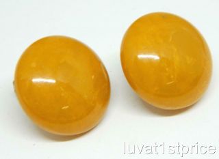 Bakelite Marbled Yellow Egg Yolk Butterscotch 1 " Dome Stud Clip - On Earrings Vtg