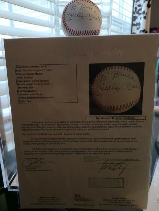 Mickey Mantle Jsa Signed / Autographed Official Baseball - Hof Yankees Full Loa