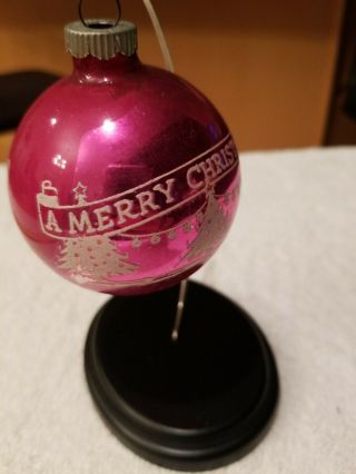 Vintage Shiny Brite Stencil Glass Ornament Pink A Merry Christmas Trees/lights