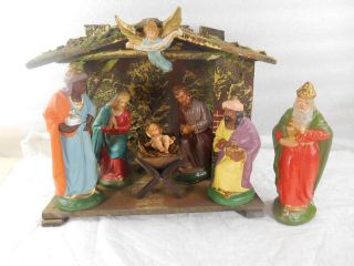 Vintage German Nativity Set W 7 Paper Mache Figures & Creche Manger Germany 6 " S