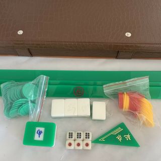 Vintage Chinese Mahjong Game Set W 152 Tiles Case Rack Rulers Dice Chips Green
