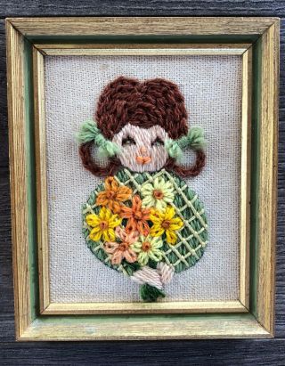 Vintage 70’s Crewel Needle Point Girl With Flowers Framed