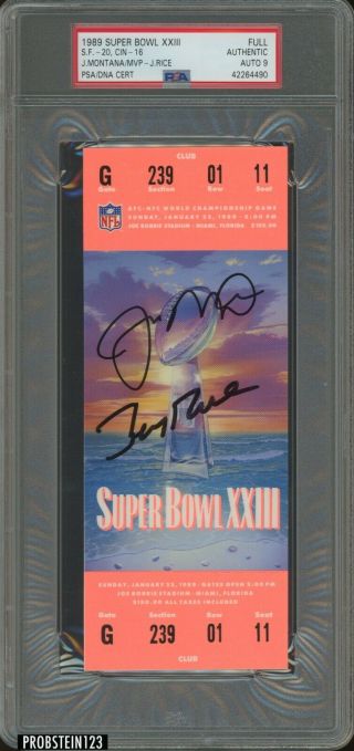 Joe Montana Jerry Rice Signed 1989 Bowl Xxiii Full Ticket Psa/dna Auto 9