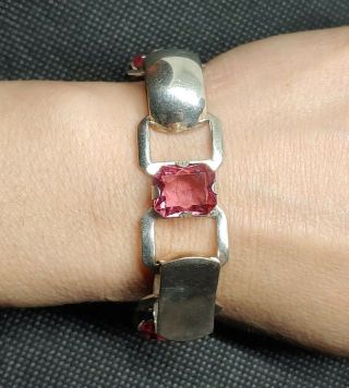 6.  5 " Vtg Sterling Silver 1/2 " H Modernist Pink Stone Link Bracelet Signed Eyf