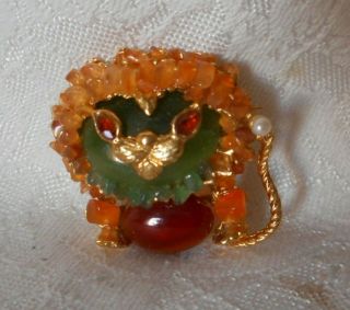 Vintage Swoboda Gemstone Lion Pin Brooch Carnelian,  Jade,  Garnet Pearl