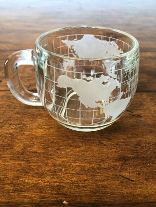 Nestle Vintage Clear World Map Globe Etched Glass Coffee Cup Mug 1970`s