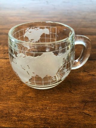 Nestle vintage clear world map globe etched glass coffee cup mug 1970`s 3
