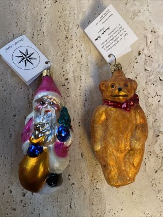 Vintage Glass Christopher Radko Christmas Ornaments Santa Claus And Teddy Bear
