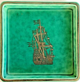 Vintage Gustavsberg Argenta Green Stoneware W/silver Overlay Wasa 1628 Pin Dish