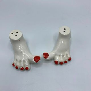 Vintage Japan Feet Painted Red Toenails Salt Pepper Shakers Cork Stoppers