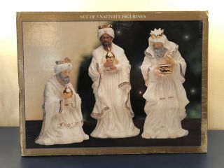 Bon Ton Jade Porcelain Nativity Figurines 3 Wise Men Vintage Set Gold Accent Box