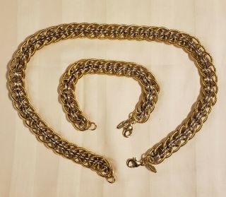 Vtg Oscar De La Renta Chain Link Gold Tone Silver Tone Necklace Bracelet Set