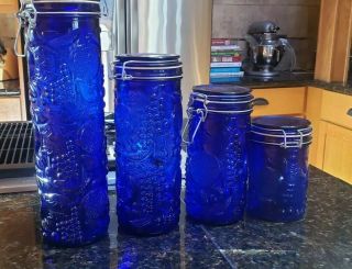 Vtg Cobalt Blue Apothecary Fruit Embossed Jars Kitchen Canisters Storage Set