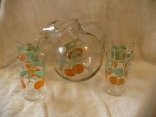 Vintage Anchor Hocking Tilt - Ball Orange Juice Pitcher & 4 Matching Glasses Set