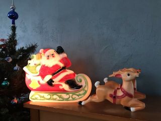 Vintage 1970 Empire Plastic Santa In Sleigh With Reindeer Blow Mold Lighted